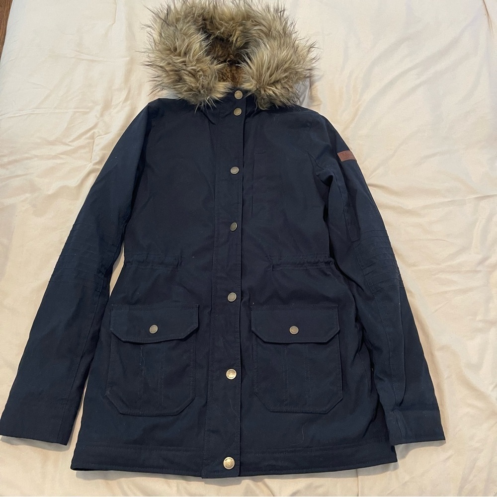 Hollister Dark Blue Parka Jacket with Faux Fur Hood Size XS